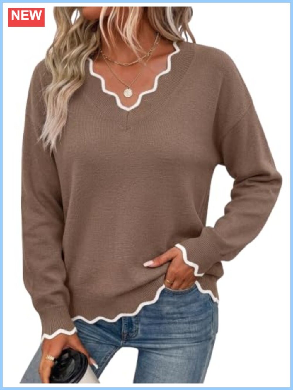 Women's Long Sleeve V Neck Knit Sweater Loose Cozy Pullover